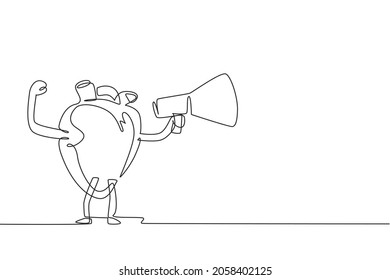 Dibujo de una sola línea sano y adecuado para el órgano cardíaco sosteniendo una persiana o un megáfono. Salud del sistema cardiovascular. Poder y fuerza del órgano cardiaco. Ilustración vectorial de dibujo de línea continua