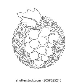 Single one line drawing healthy organic grapes for vineyard logo. Fresh tropical fruitage concept for fruit orchard garden icon. Swirl curl circle background style. Continuous line draw design vector