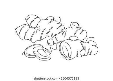 Single one line drawing of healthy organic ginger for harvesting logo identity. Fresh flowering plant rhizome concept herbaceous perennial icon. Continuous line draw design graphic vector illustration