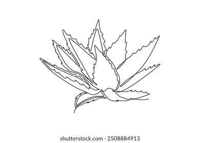 Single one line drawing healthy organic green aloe vera for skin care logo identity. Fresh tropical succulent plant concept agricultural icon. Continuous line draw design graphic vector illustration