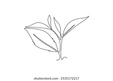 Single one line drawing healthy organic tea leaves for plantation logo identity. Fresh tender bud of tea shoot concept for tea leaf icon. Modern continuous line draw design graphic vector illustration