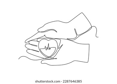 Single one line drawing heart pulse in hand. World hypertension day concept. Continuous line draw design graphic vector illustration.