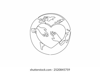 Una sola línea que dibuja el corazón con dos palmas en el medio en un fondo del globo. Unidad mundial. Colaboración. Impacto positivo. Un mundo equitativo. Día Mundial de las ONG. Ilustración gráfica de diseño de línea continua