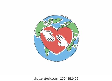 Una sola línea que dibuja el corazón con dos palmas en el medio en un fondo del globo. Unidad mundial. Colaboración. Impacto positivo. Un mundo equitativo. Día Mundial de las ONG. Ilustración gráfica de diseño de línea continua