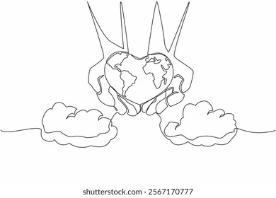 Single one line drawing heart shaped globe on 2 open palms. Taking care of the beloved earth with pleasure. Maintaining the ecosystem. Global Love Day. Continuous line design graphic illustration