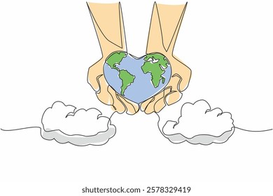 Single one line drawing heart shaped globe on 2 open palms. Taking care of the beloved earth with pleasure. Maintaining the ecosystem. Global Love Day. Continuous line design graphic illustration