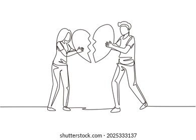 Single one line drawing heartbroken couple parting, divorce. Sad young man and woman trying to put together parts of broken heart. Modern continuous line draw design graphic vector illustration