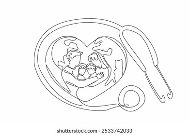 Single one line drawing heart-shaped globe and in middle there is a silhouette of a family hugging. Health insurance for beloved children. World Health Day. Continuous line design graphic illustration