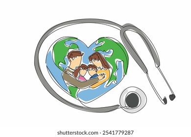 Single one line drawing heart-shaped globe and in middle there is a silhouette of a family hugging. Health insurance for beloved children. World Health Day. Continuous line design graphic illustration