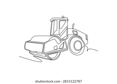 Single one line drawing heavy industrial road roller compactor construction truck, showcasing its massive front drum roller and wheels. Modern continuous line draw design graphic vector illustration