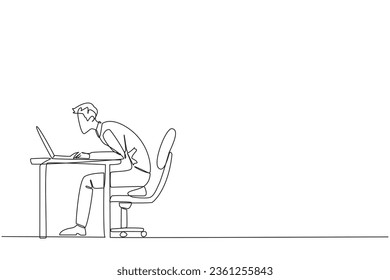 Single one line drawing hectic businessman sitting and typing on laptop computer. Work hard to achieve maximum expected results. Overtime and work smart. Continuous line design graphic illustration