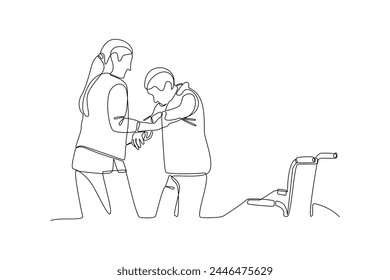 Single one line drawing help grandma get up from the wheelchair. Team work people trust assistance. Technology gear collaboration solution. Continuous line draw design vector