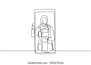 Single one line drawing hijab female doctor comes out of smartphone screen while making thumbs up gesture. Online medical consultation. Modern continuous line draw design graphic vector illustration