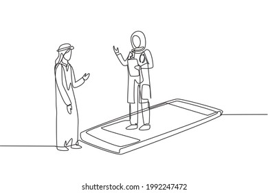 Single one line drawing hijab female doctor standing on smartphone, in front of her standing Arab male patient. Online medical services. Modern continuous line draw design graphic vector illustration