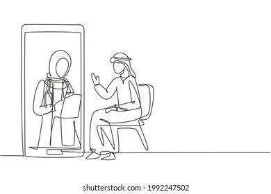 Single one line drawing hijab female doctor holding clipboard checking condition of Arabian male patient sitting on chair. Online consultation. Continuous line draw design graphic vector illustration