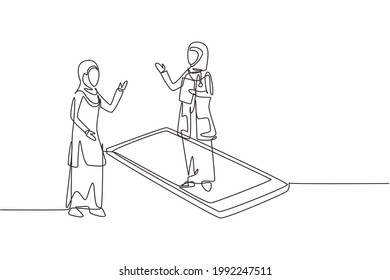 Single one line drawing hijab female doctor standing on smartphone, in front of her standing female patient. Online medical services. Modern continuous line draw design graphic vector illustration