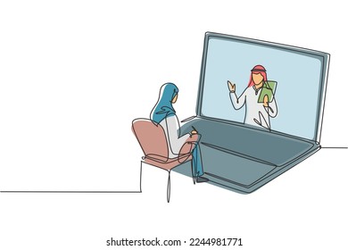 Single one line drawing hijab female student sitting studying staring at laptop screen and inside laptop there is male Arab lecturer who is teaching. Continuous draw design graphic vector illustration