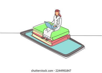 Single one line drawing hijab female patient sitting curled up on sofa, using blanket, holding mug and there is male doctor walking out of smartphone, holding clipboard. Modern continuous line draw