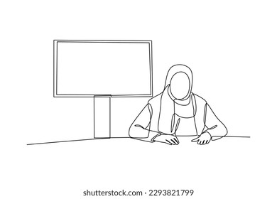 Single one line drawing hijab news anchor. News anchor concept. Continuous line draw design graphic vector illustration.