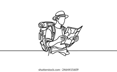 Single one line drawing. Hiker looking at a map. Adventure in mountainous terrain. Hiking, adventure tourism, travel. Vector illustration