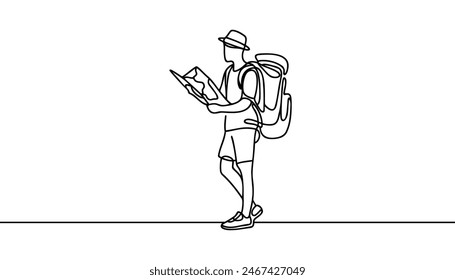 Single one line drawing. Hiker or traveler looking at a map. Adventure in mountainous terrain. Hiking, adventure tourism, travel. Vector illustration