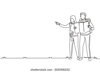 Single one line drawing hiking hikers couple man woman with backpacks and map in mountains. Travelers backpacking or trekking romantic trip adventure. Continuous line draw design vector illustration