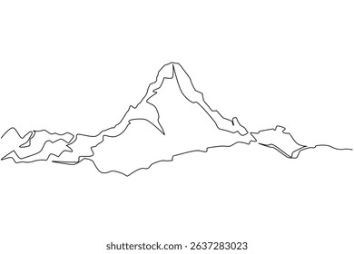 Single one line drawing Himalayas. The view of the highest mountain in the world before the eyes. Very extreme climbing route. Snowy. Mount Everest Day. Continuous line design graphic illustration