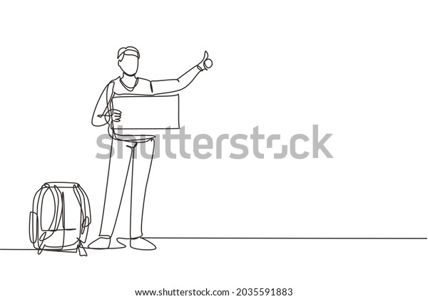 Single one line drawing hitchhiking man with\
luggage and thumbs up waiting for car by roadside. Smiling man\
thumbing or hitching ride. Modern continuous line draw design\
graphic vector\
illustration