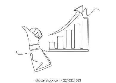 Single one line drawing holding thumbs up with growth chart up . Economics and Business Concept. Continuous line draw design graphic vector illustration.