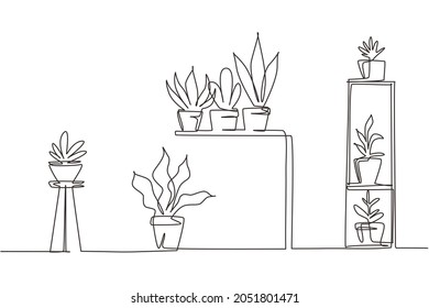 Single one line drawing home garden, succulents, flowers, potted plants. Interior design, table, rack, stand for home plants. Seedlings of decorative tulips. Continuous line design vector illustration