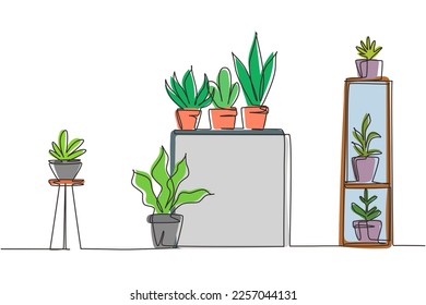 Single one line drawing home garden, succulents, flowers, potted plants. Interior design, table, rack, stand for home plants. Seedlings of decorative tulips. Continuous line design vector illustration