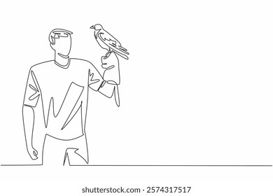 Single one line drawing hooded crow perched on hand of man. Weekend at the zoo. Trying to take pictures with the birds. The bird lover. Man Holding Bird. Continuous line design graphic illustration