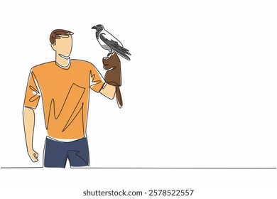 Single one line drawing hooded crow perched on hand of man. Weekend at the zoo. Trying to take pictures with the birds. The bird lover. Man Holding Bird. Continuous line design graphic illustration