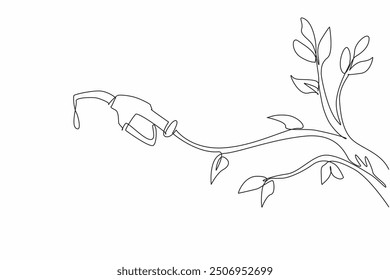 Single one line drawing the hose with petrol dripping from the nozzle tip coming out of a tree branch. Have the same good quality. National Biodiesel Day. Continuous line design graphic illustration