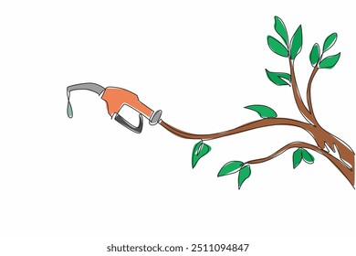 Single one line drawing the hose with petrol dripping from the nozzle tip coming out of a tree branch. Have the same good quality. National Biodiesel Day. Continuous line design graphic illustration