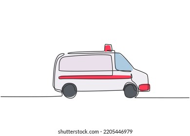 Single one line drawing hospital ambulance car to help injury patient at road accident. Emergency rescue isolated doodle minimal concept. Trendy continuous line draw design graphic vector illustration