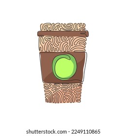 Single one line drawing hot coffee paper cup. Cold chocolate milk to crave for refreshing feeling. Swirl curl circle background style. Modern continuous line draw design graphic vector illustration