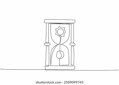 Uma única ampulheta de desenho de uma linha como um marcador de dia e noite. Sol no topo, lua cheia no lado oposto. A duração é a mesma de 12 horas. Equinócio de primavera. Ilustração gráfica de design de linha contínua