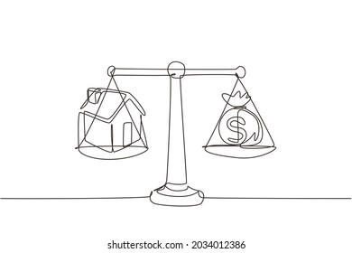 Single one line drawing house money sack scales concept with house on one side and sack of money on the other. Sale and purchase concept. Modern continuous line draw design graphic vector illustration