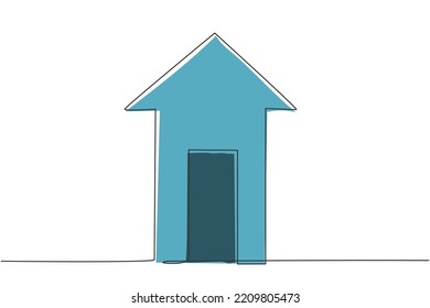Single one line drawing of house building shape with up arrow symbol. Business finance growth minimal concept. Modern continuous line draw design graphic vector illustration