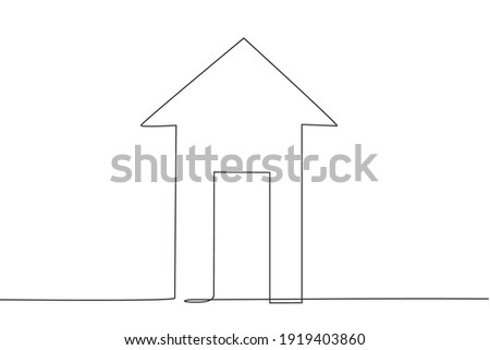 Single one line drawing of house building shape with up arrow symbol. Business finance growth minimal concept. Modern continuous line draw design graphic vector illustration
