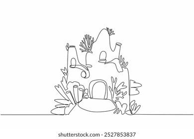 Single one line drawing houses made of coral reefs and other sea creatures. Has an important role in the sea. Habitat. Breed. World Aquatic Animal Day. Continuous line design graphic illustration