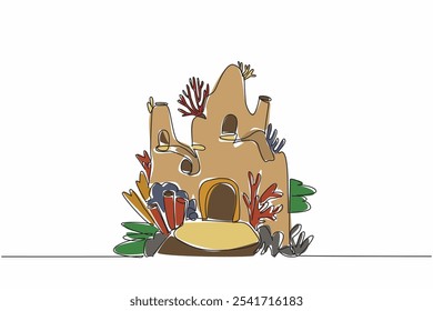 Single one line drawing houses made of coral reefs and other sea creatures. Has an important role in the sea. Habitat. Breed. World Aquatic Animal Day. Continuous line design graphic illustration