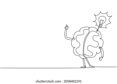 Single one line drawing human brain invented something with bulb icon. Found the answer cartoon brain concept. Flat style design of brain for education. Continuous line draw design vector illustration