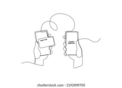 Una sola línea dibujando manos humanas con un smartphone con tarjeta de crédito en pantalla para el pago en línea. Concepto de tecnología financiera. Ilustración gráfica de vector de diseño de línea continua.