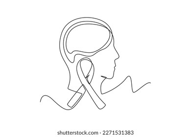 Single one line drawing human head and ribbon. World health day concept. Continuous line draw design graphic vector illustration.
