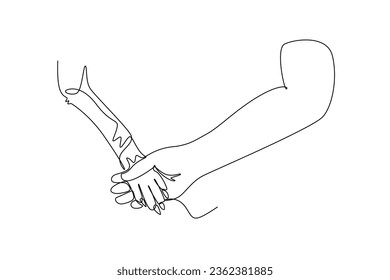 Single one line drawing of human hand holding dog leg with full of love. Friendship human with pet animal concept. Best friend forever. Modern continuous line draw design graphic vector illustration