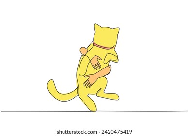 Single one line drawing of human hands hugging a cute cat. Play with little funny cat. Help the homeless animals find a home. Concept of caring animals. Continuous line design graphic illustration