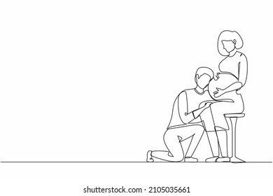 Single one line drawing husband kneel down and listening to his pregnant wife belly, expecting new born baby. Man hugs pregnant woman. Modern continuous line draw design graphic vector illustration