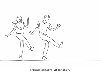 Single one line drawing husband and wife dancing. Like dancing ska. Following the trumpet beat. In rhythm. In tune. Pleasant. International Dance Day. Continuous line design graphic illustration